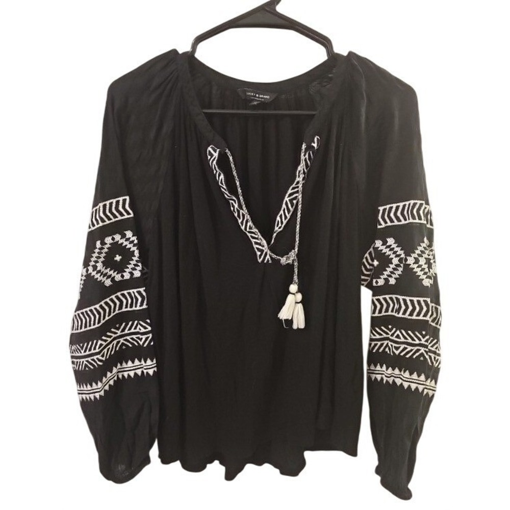 Lucky Brand Black Embroidered Peasant Top Boho Tassel Tie Long Sleeve Medium